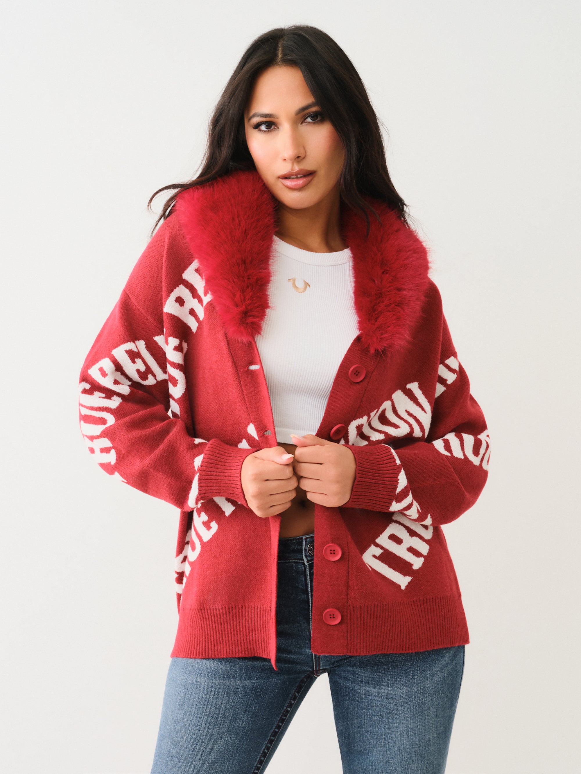 True Religion Fur Collar Aop Sweater Red Dahlia