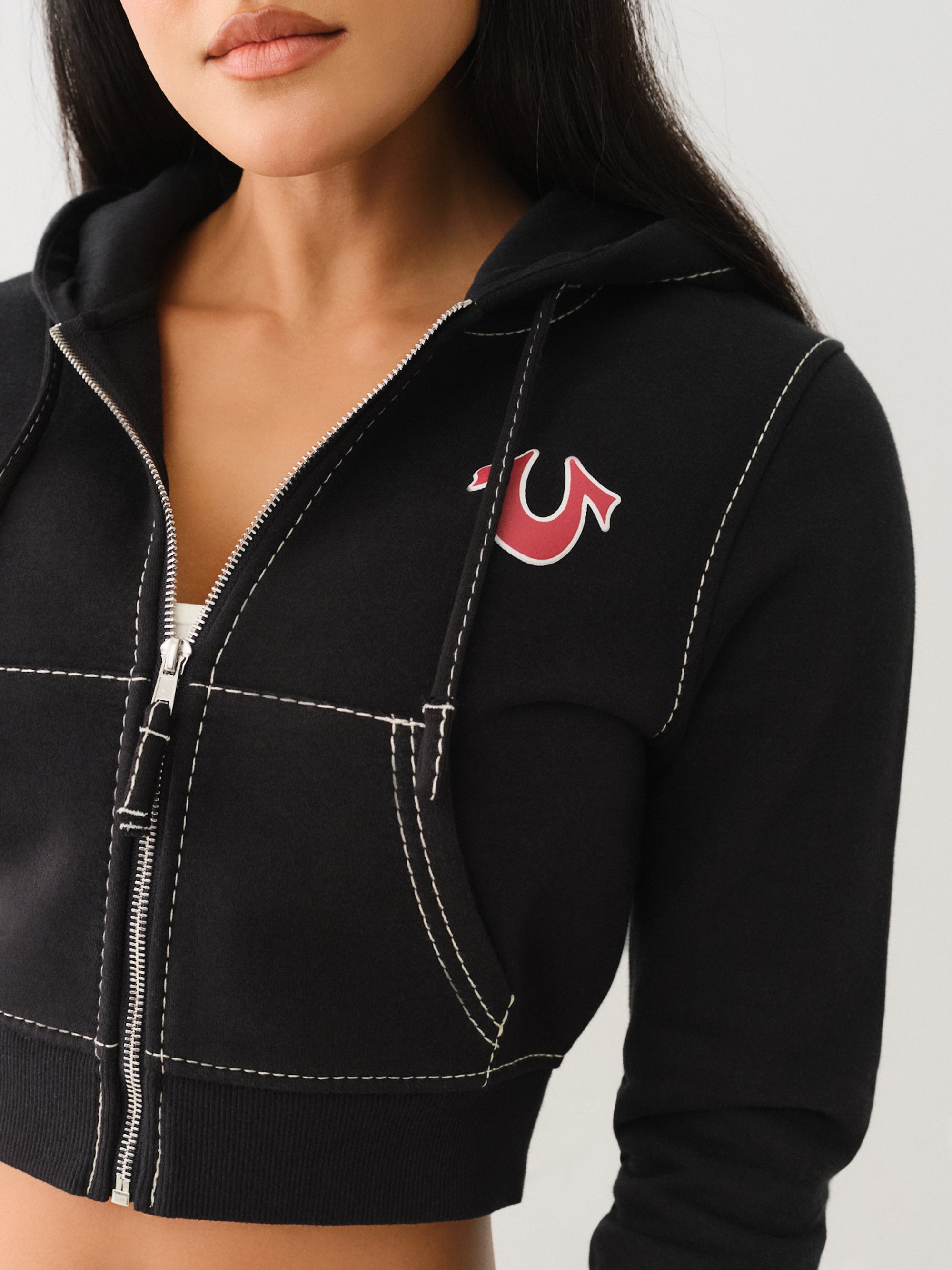 True Religion Shrunken Zip Up Hoodie Big T Black
