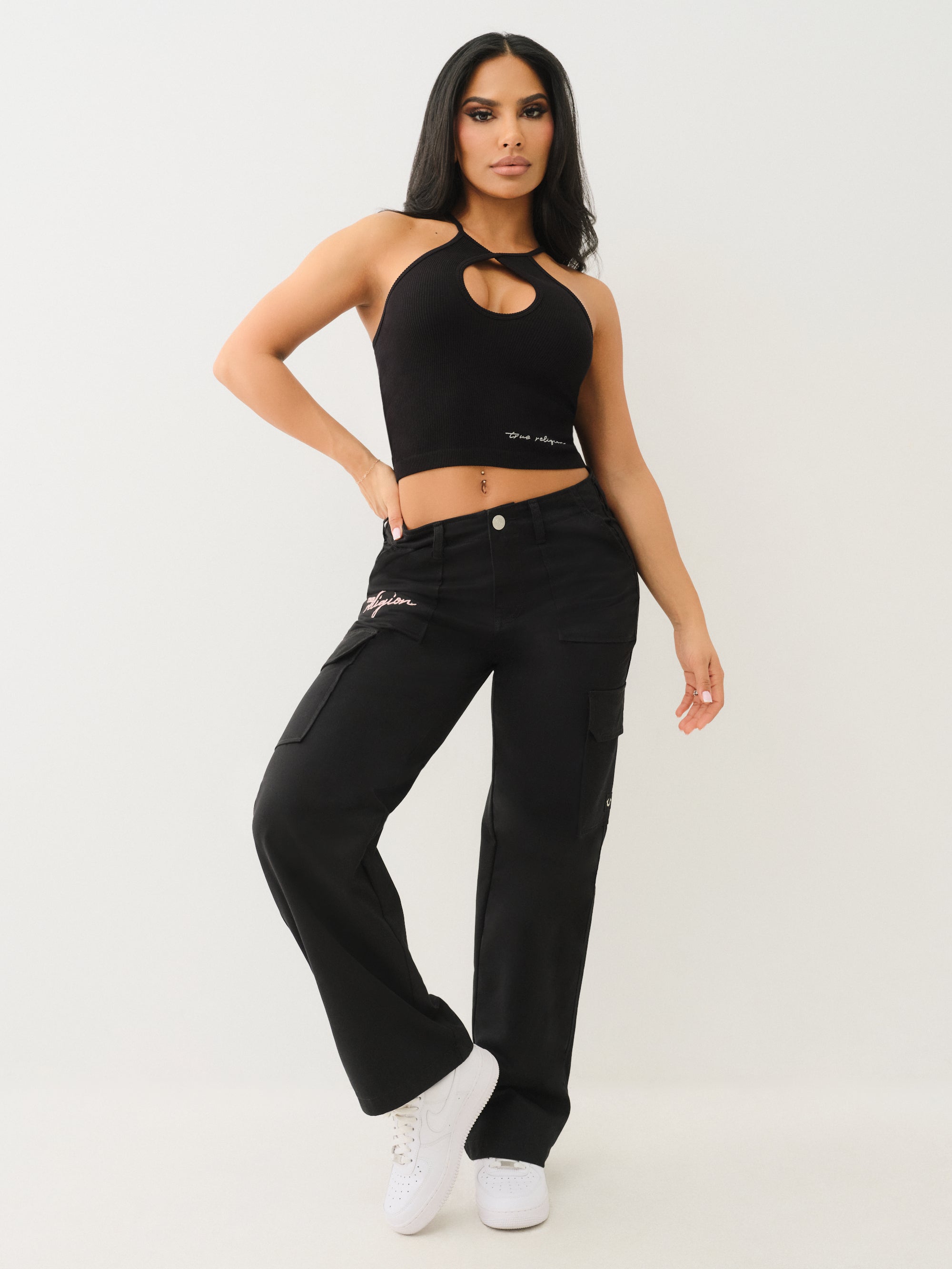 True Religion Crystl Seamless Keyhole Halter Jet Black