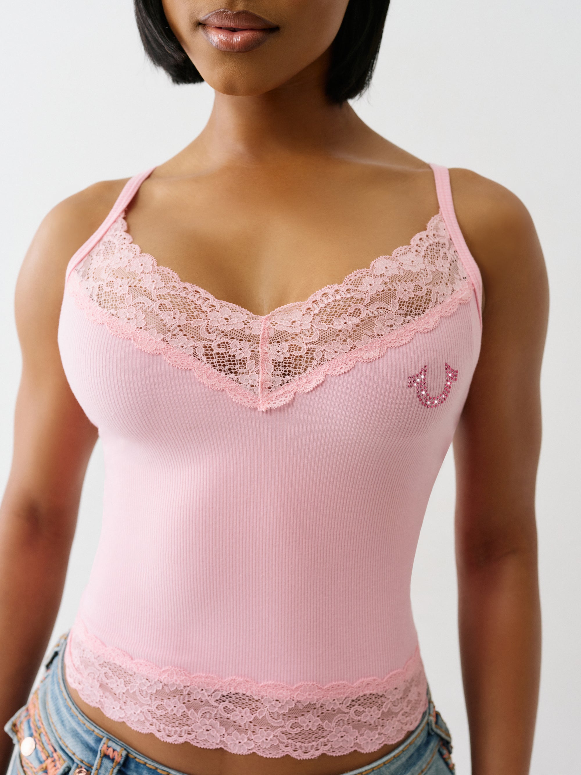 True Religion Hs Crystl Embroidery Lace Tank Candy Pink
