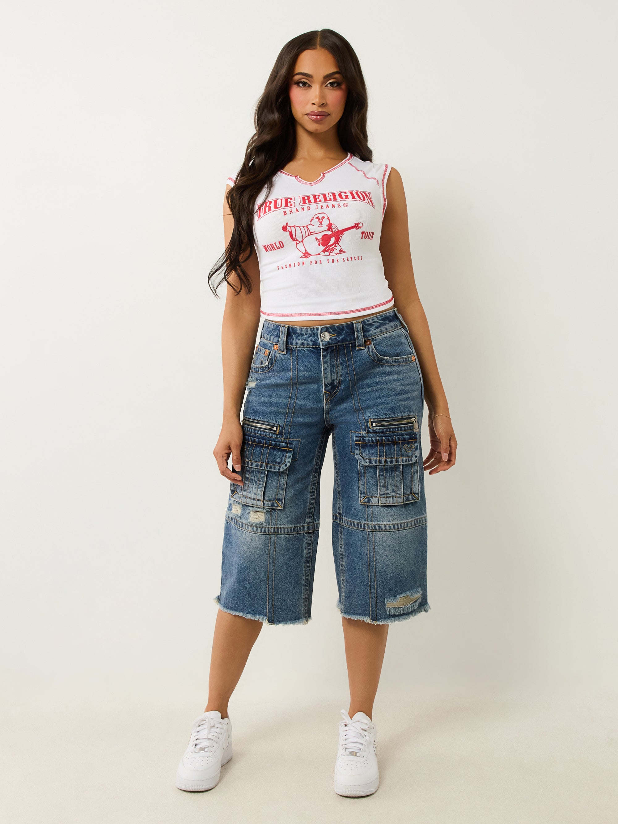 True Religion Bobbi Baggy Cargo Capris Easy Hazel W Destroy