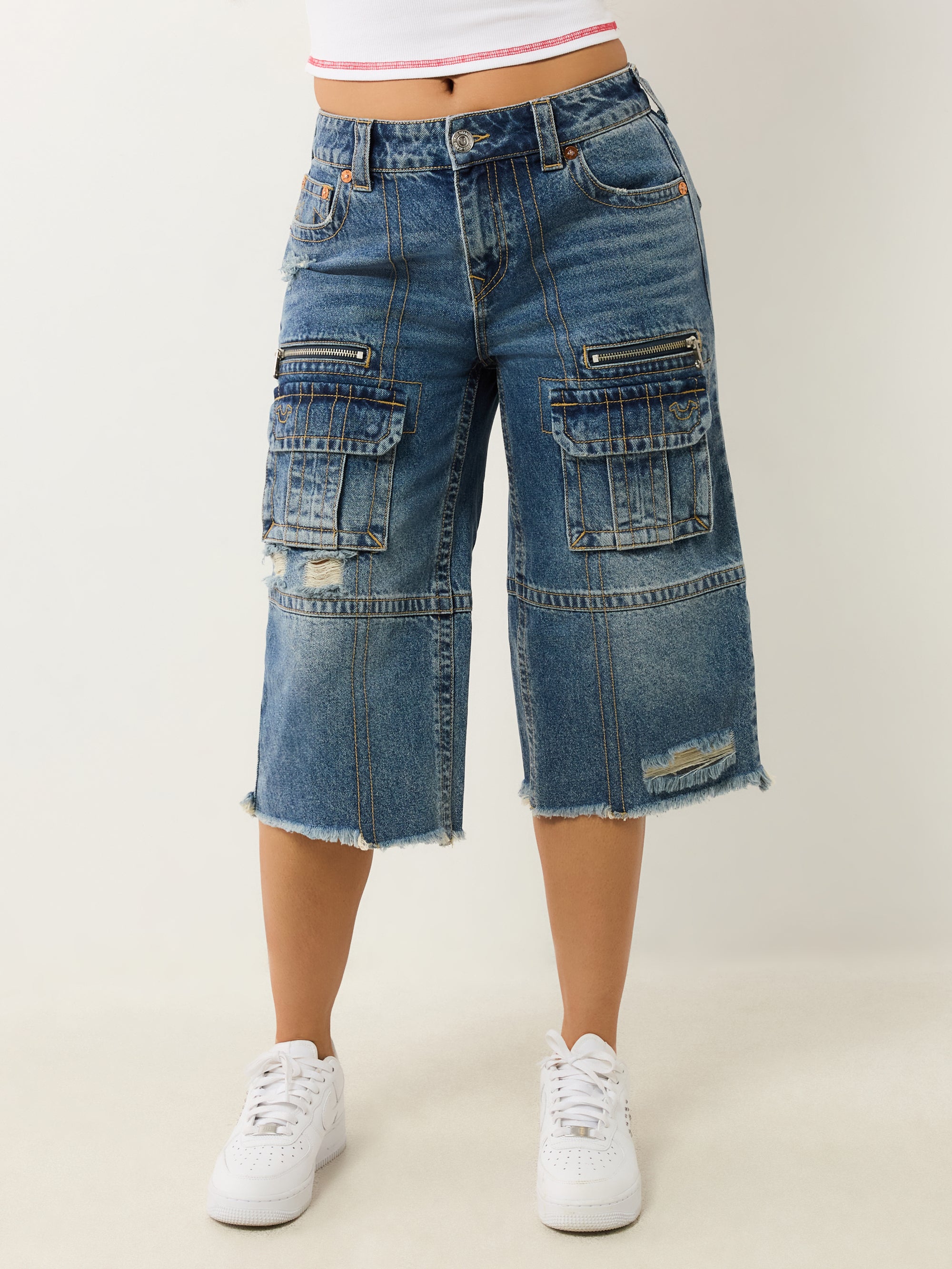 True Religion Bobbi Baggy Cargo Capris Easy Hazel W Destroy