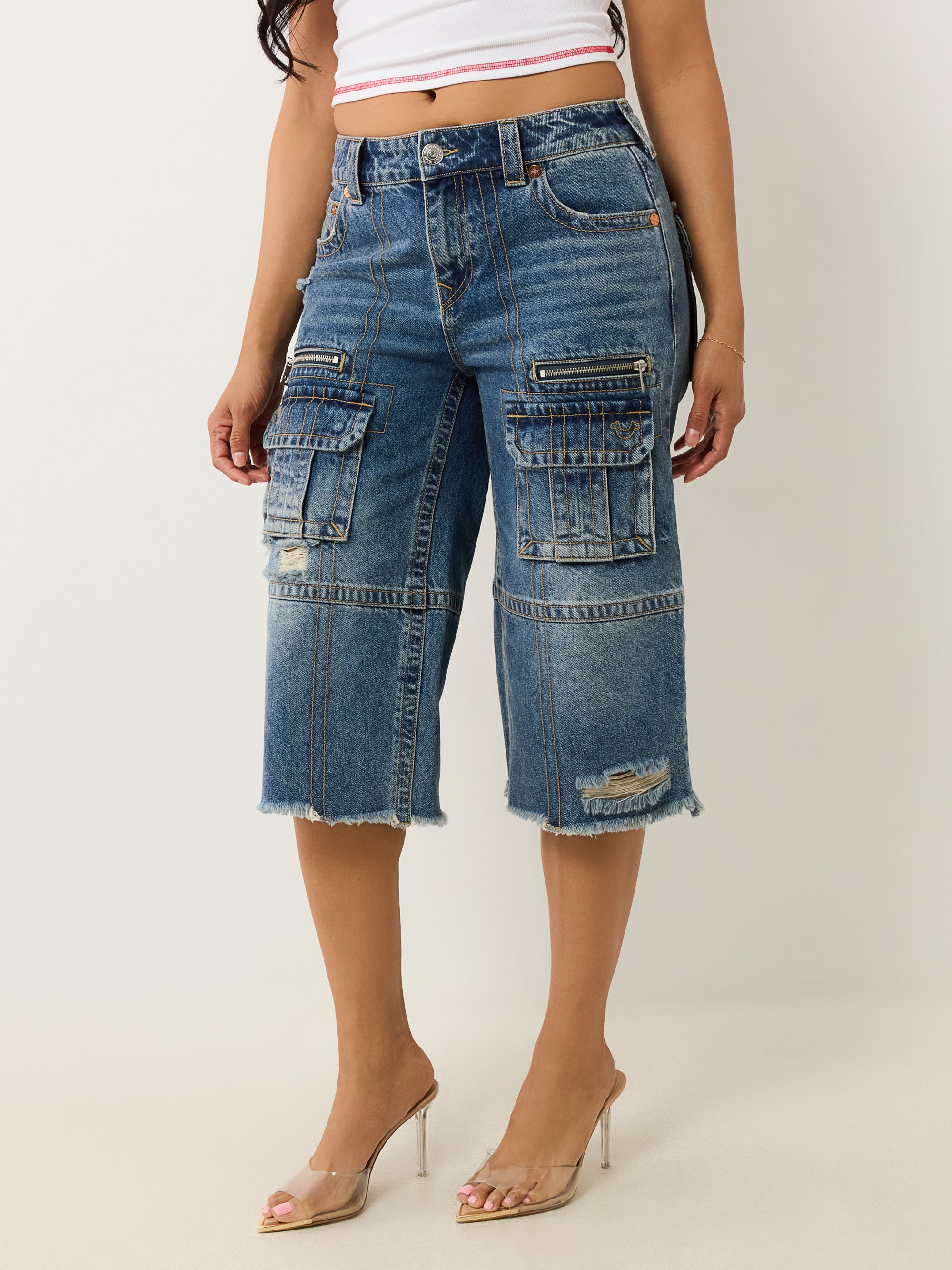 True Religion Bobbi Baggy Cargo Capris Easy Hazel W Destroy