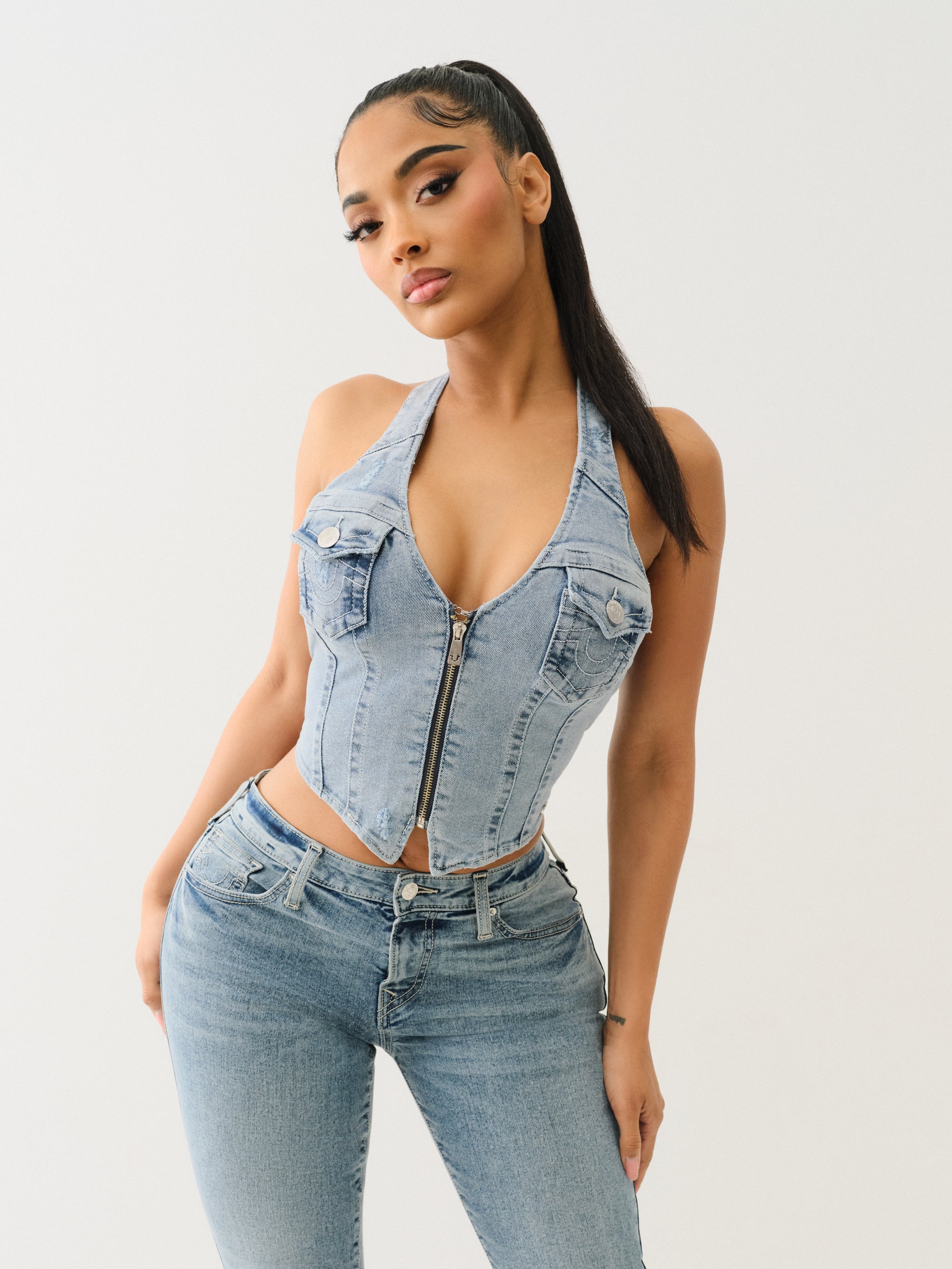 True Religion Zip Front Halter Denim Top Aqua Marine