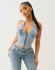 True Religion Zip Front Halter Denim Top Aqua Marine