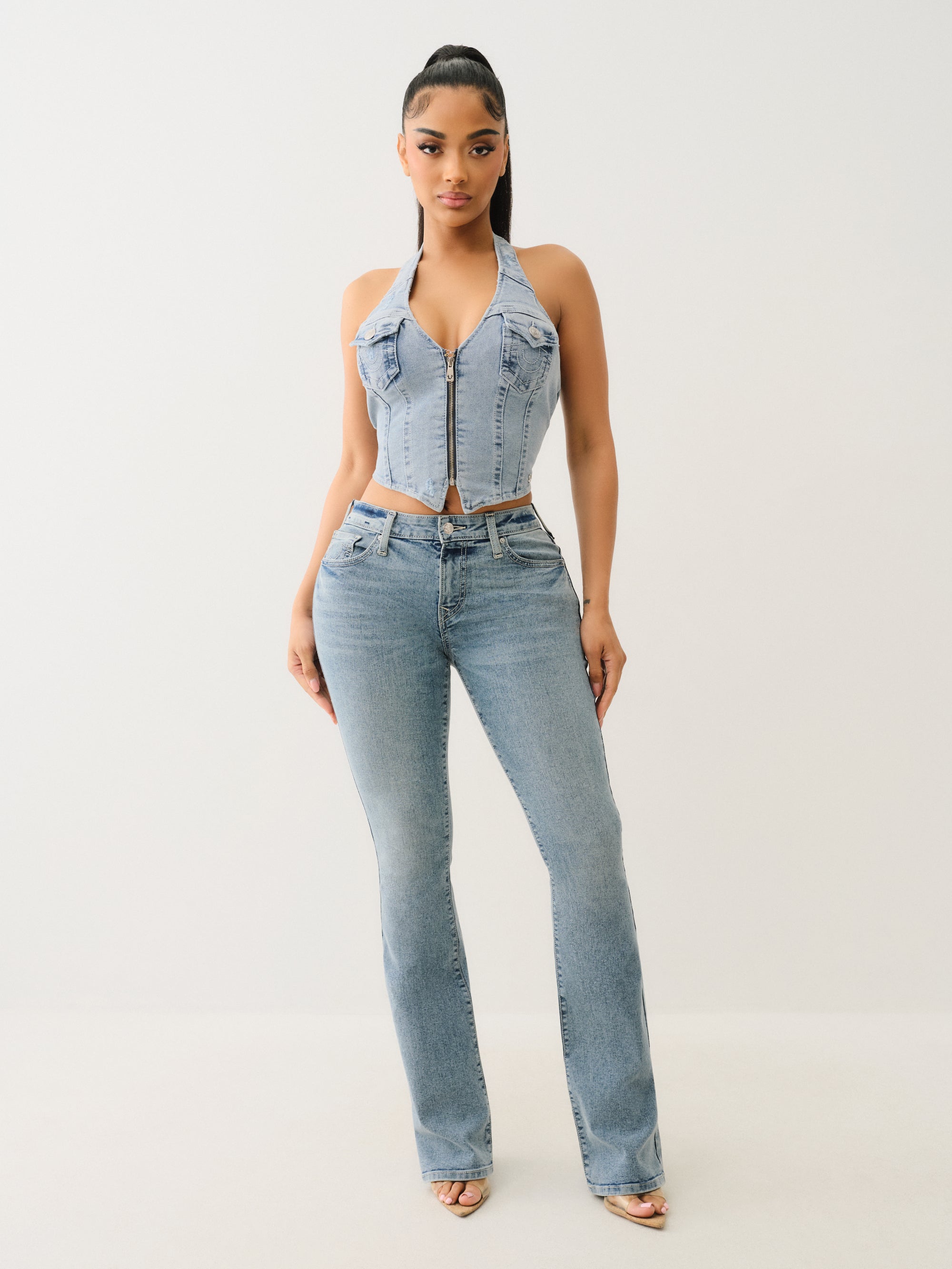 True Religion Zip Front Halter Denim Top Aqua Marine