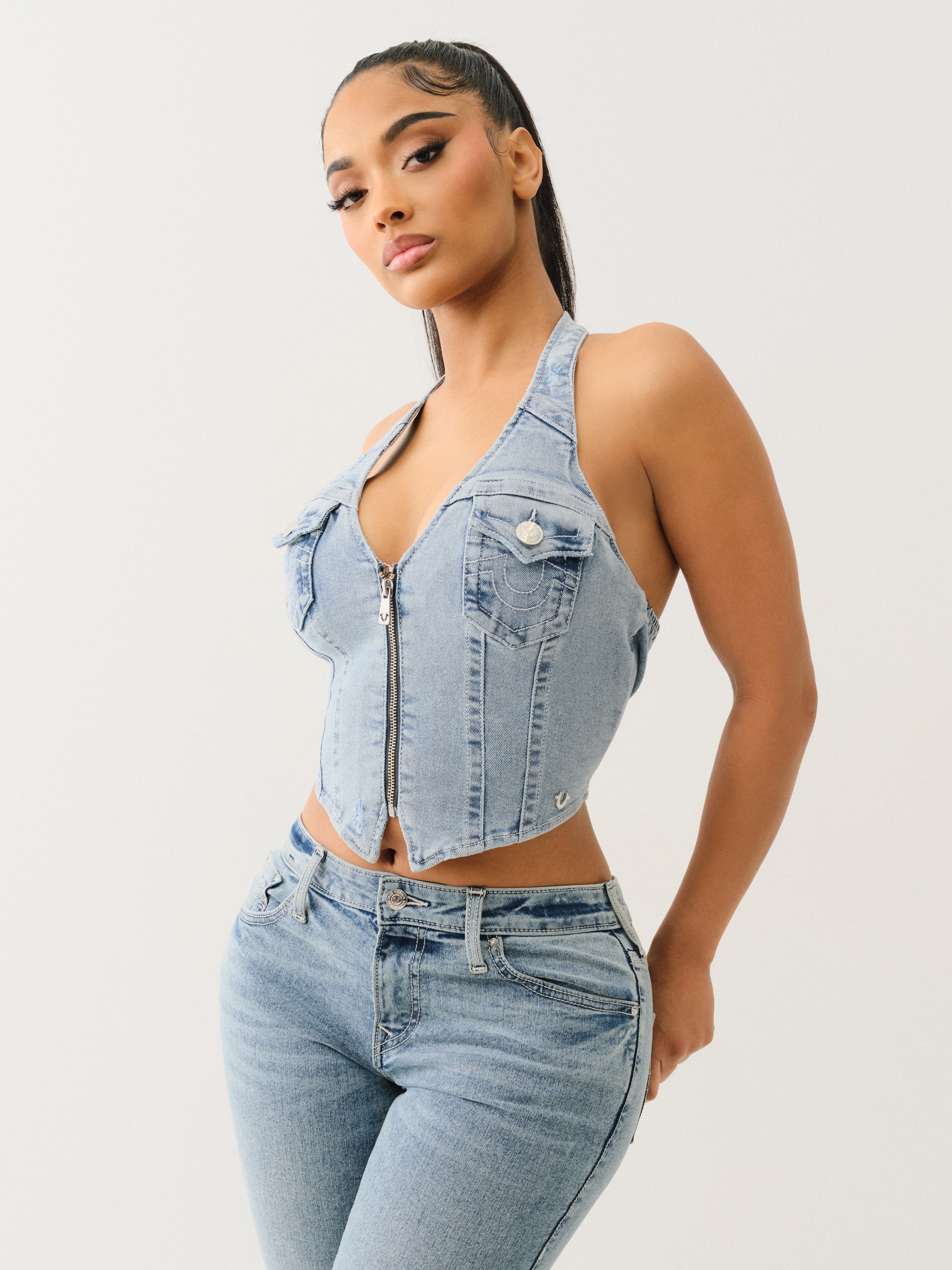 True Religion Zip Front Halter Denim Top Aqua Marine