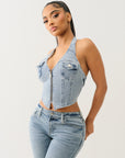 True Religion Zip Front Halter Denim Top Aqua Marine