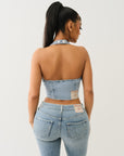 True Religion Zip Front Halter Denim Top Aqua Marine