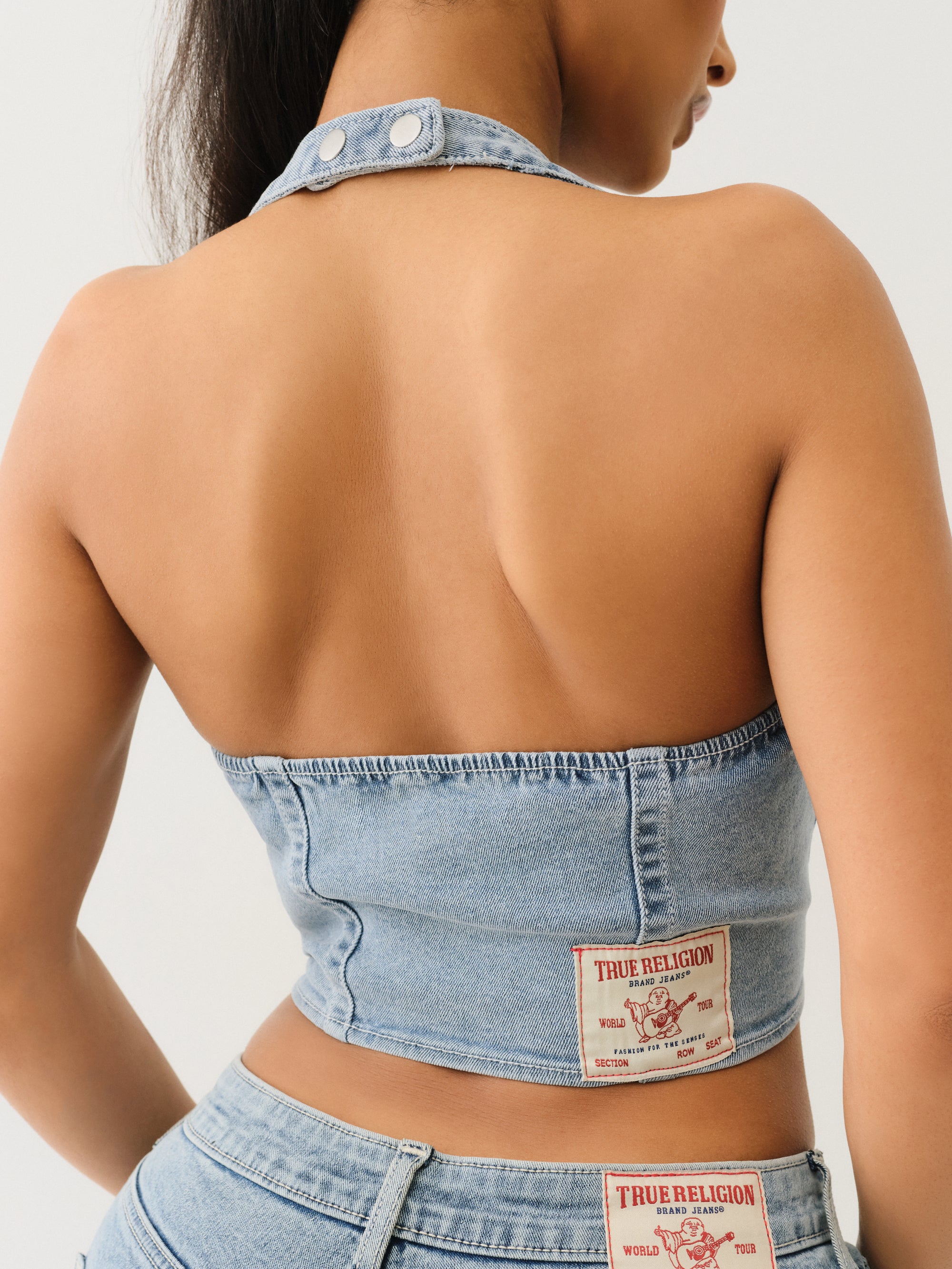 True Religion Zip Front Halter Denim Top Aqua Marine