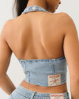 True Religion Zip Front Halter Denim Top Aqua Marine