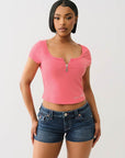 True Religion Half Zip Cap Sleeve Rib Top Sunkist Coral