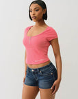 True Religion Half Zip Cap Sleeve Rib Top Sunkist Coral