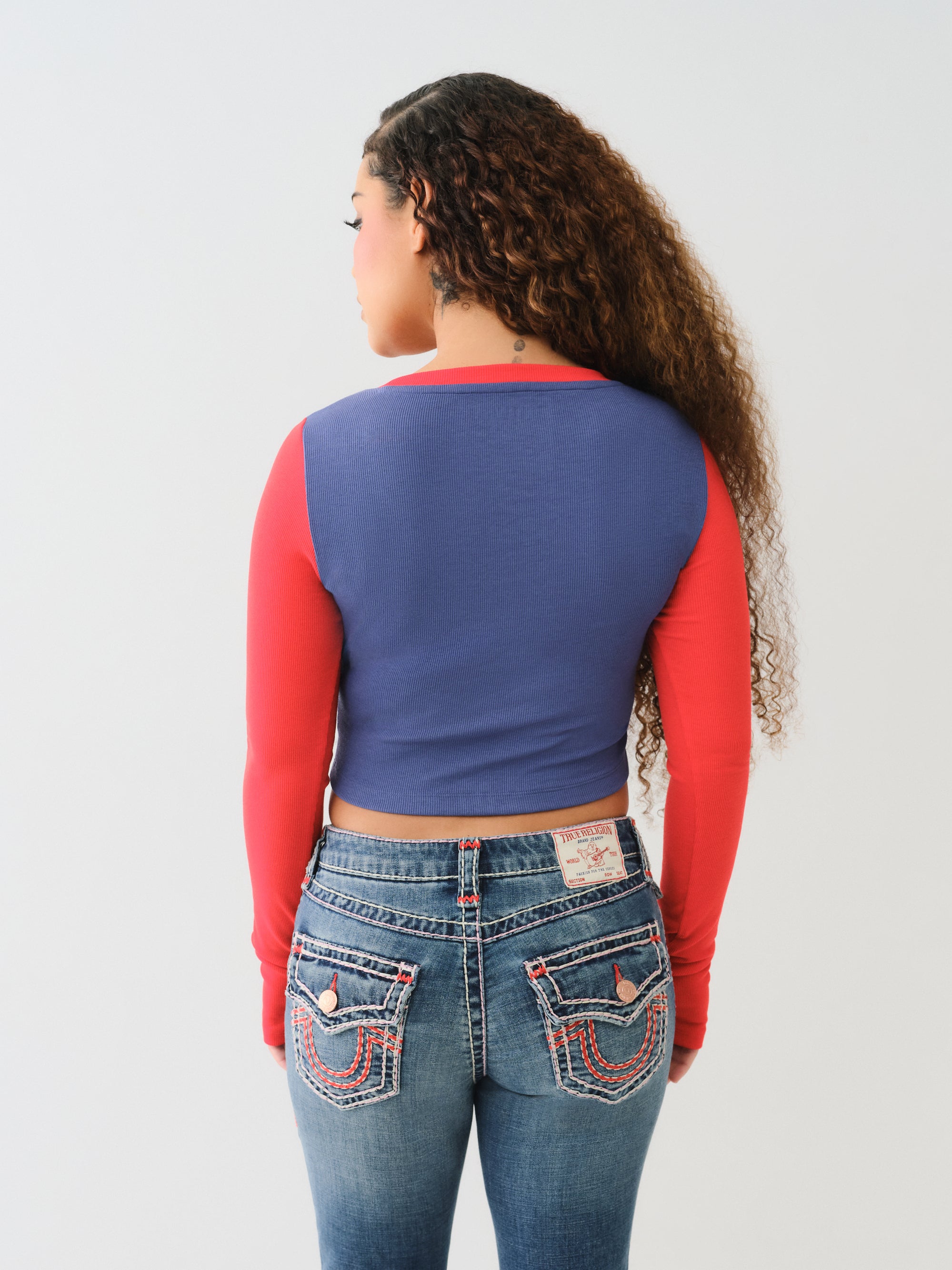 True Religion Contrast Ribbed Scoop Neck Ls Blue / Red