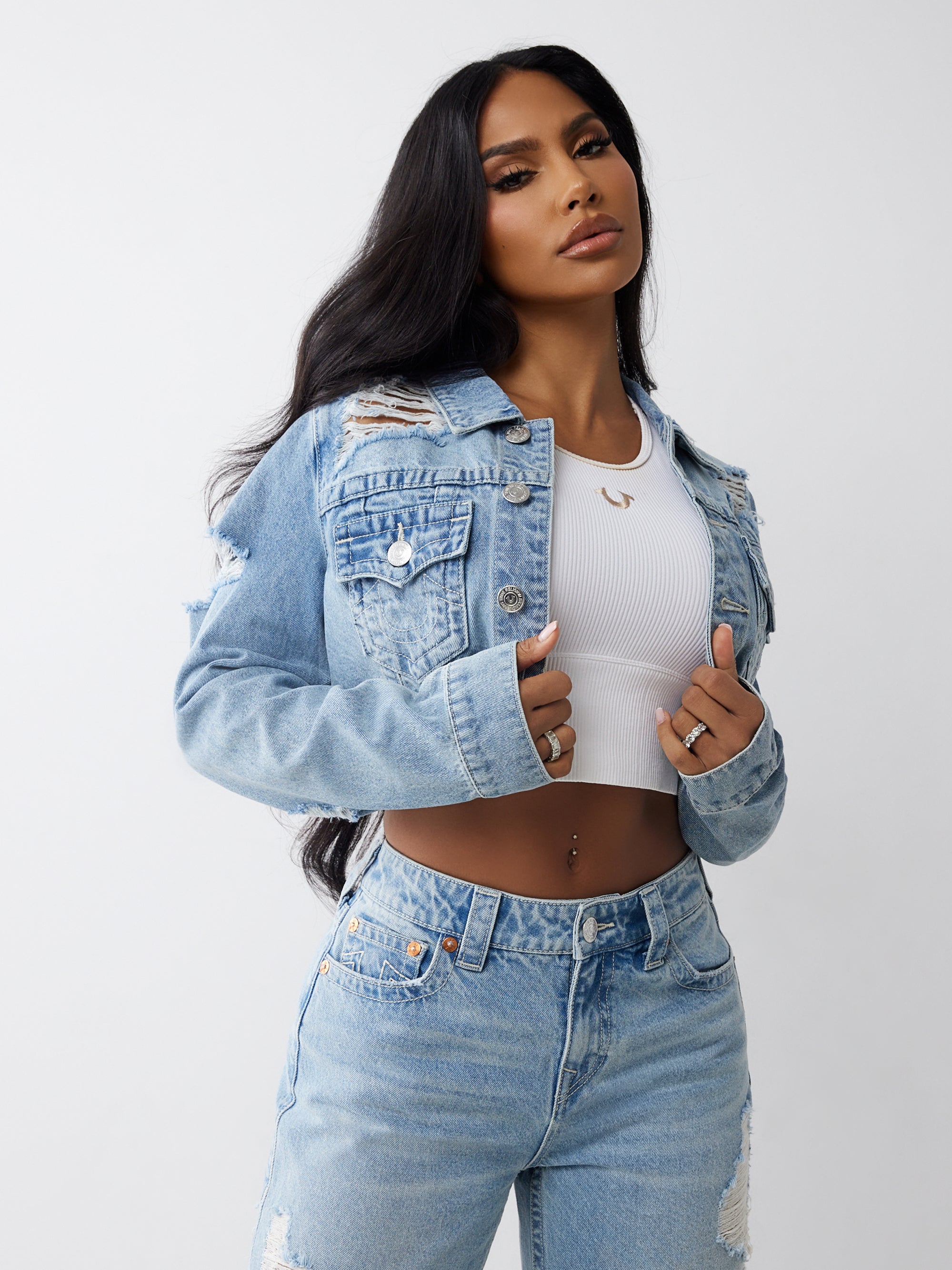 True Religion Heavily Destroyed Crop Jacket Aqua Marine W Destroy