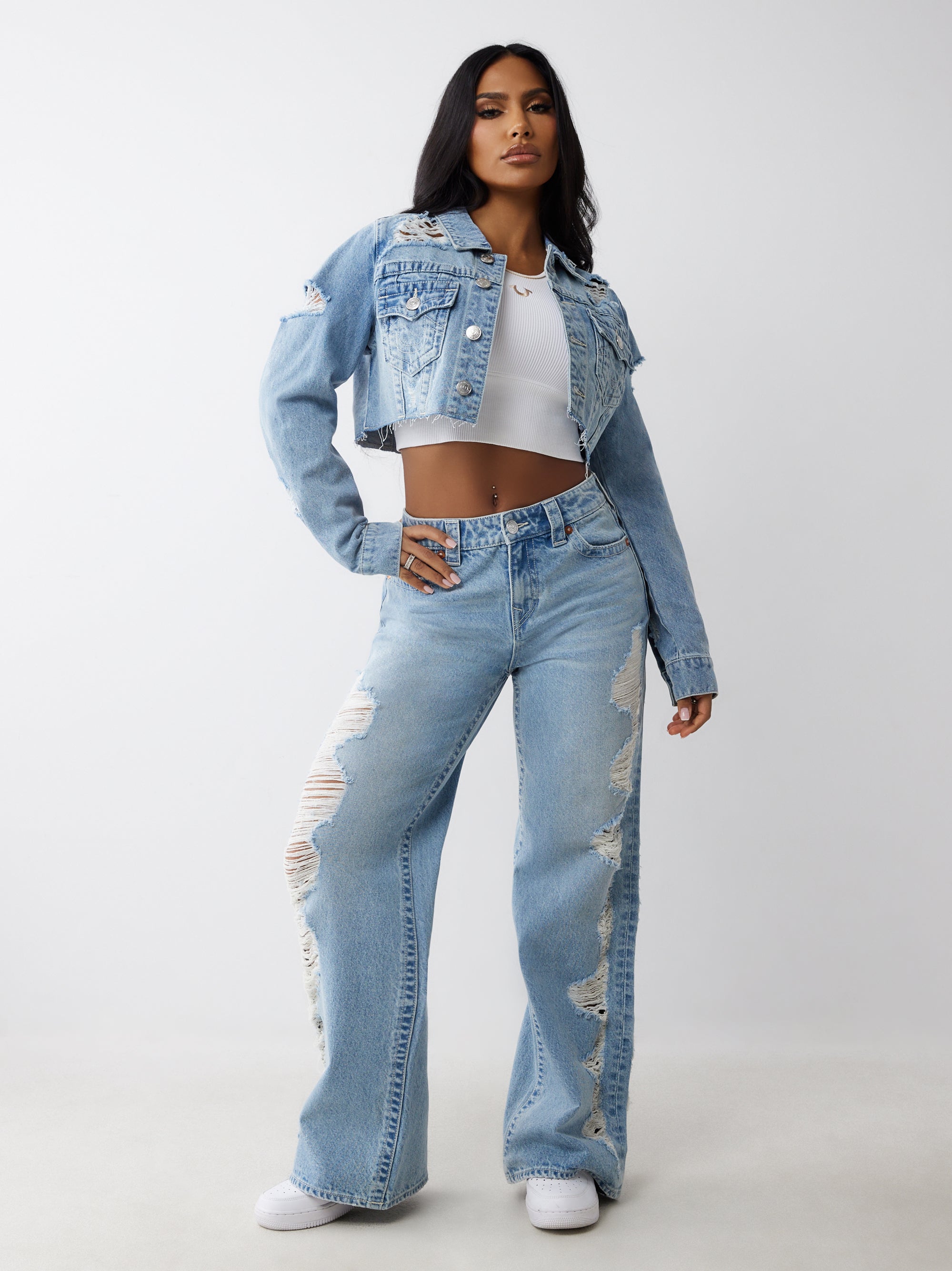 True Religion Heavily Destroyed Crop Jacket Aqua Marine W Destroy