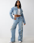 True Religion Heavily Destroyed Crop Jacket Aqua Marine W Destroy