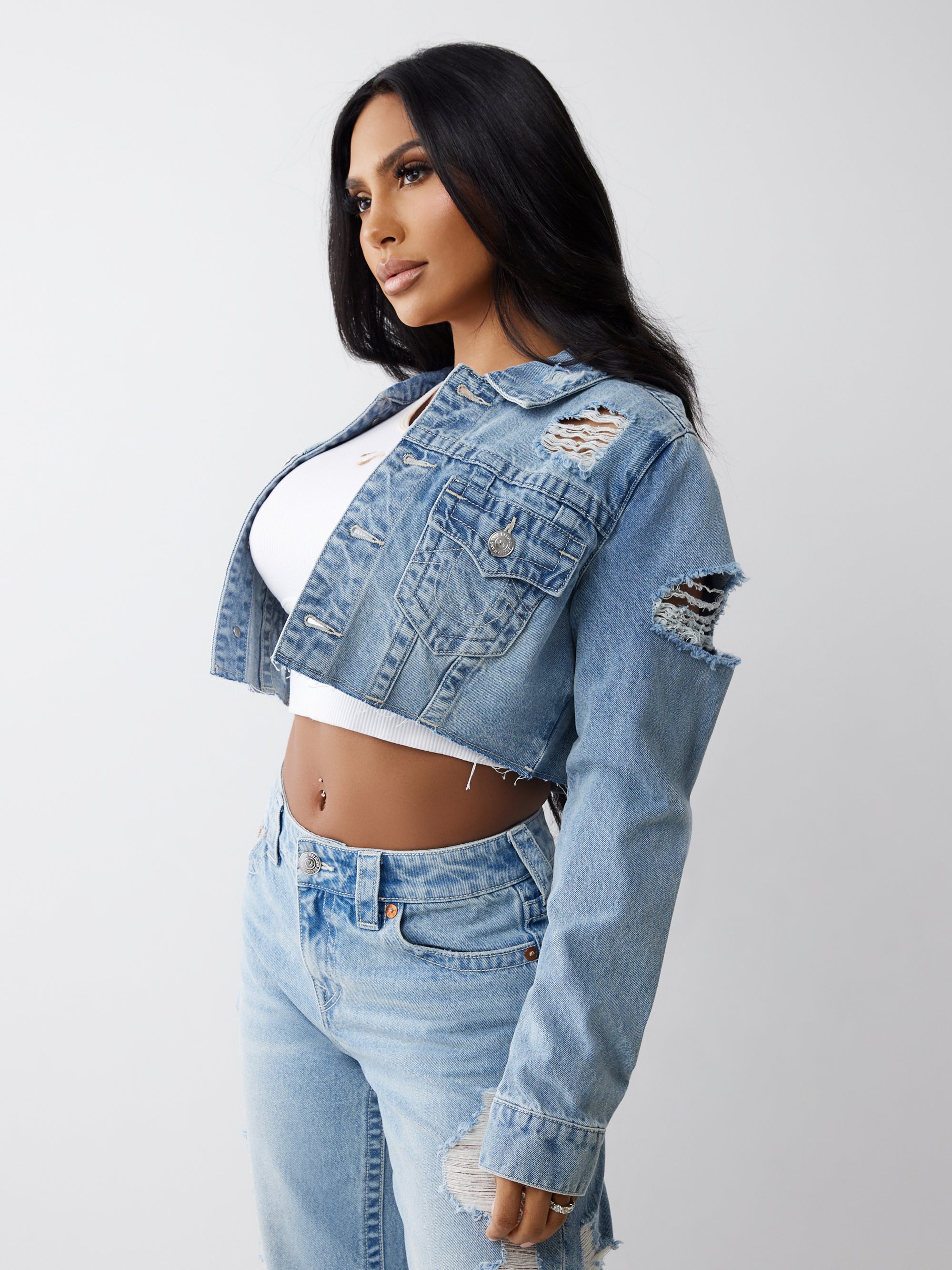 True Religion Heavily Destroyed Crop Jacket Aqua Marine W Destroy