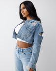 True Religion Heavily Destroyed Crop Jacket Aqua Marine W Destroy