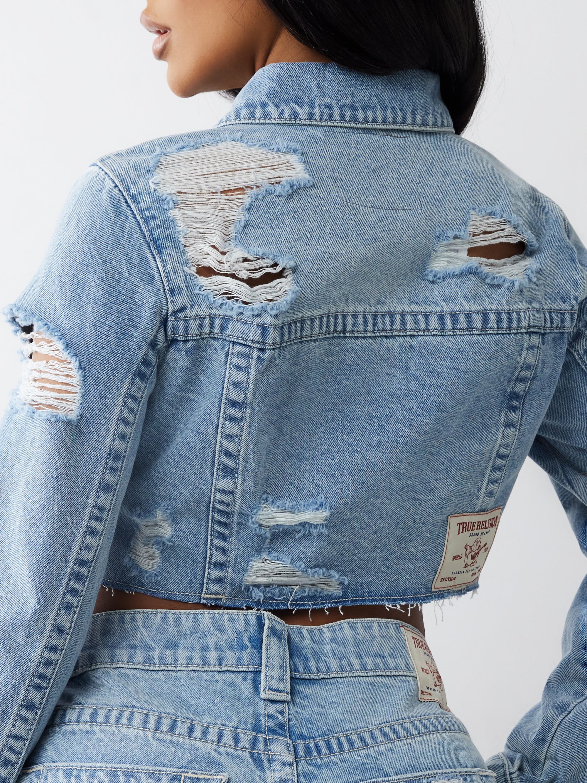 True Religion Heavily Destroyed Crop Jacket Aqua Marine W Destroy