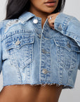 True Religion Heavily Destroyed Crop Jacket Aqua Marine W Destroy