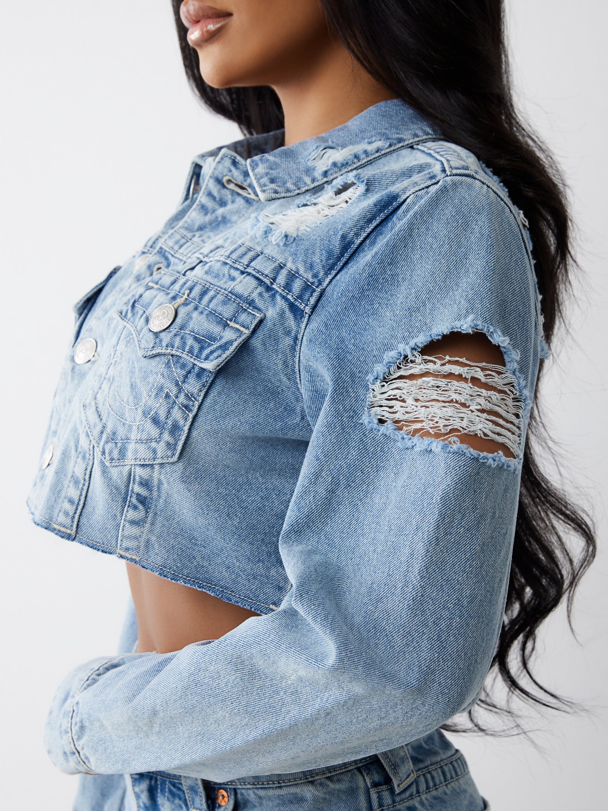 True Religion Heavily Destroyed Crop Jacket Aqua Marine W Destroy