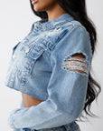 True Religion Heavily Destroyed Crop Jacket Aqua Marine W Destroy