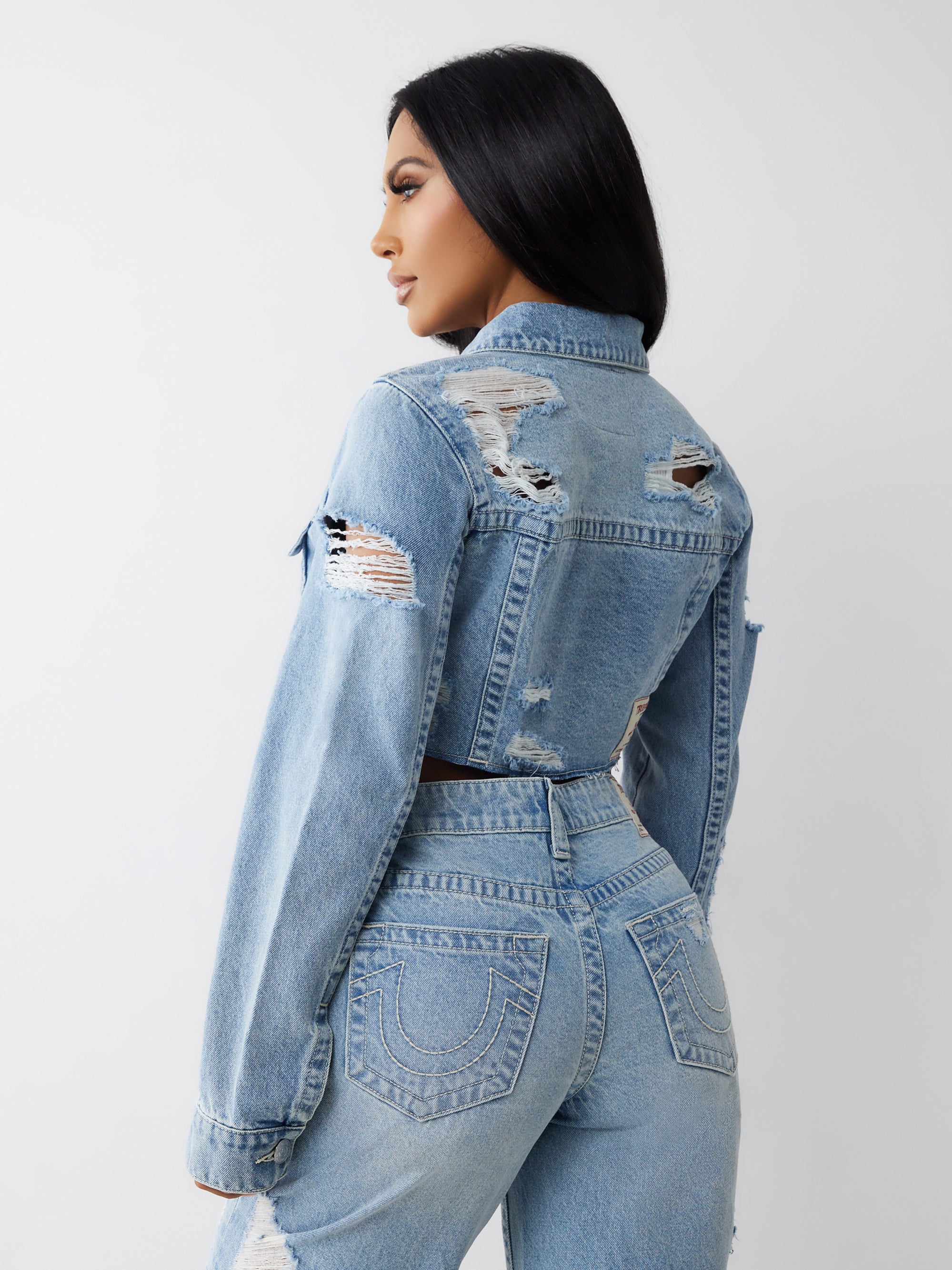 True Religion Heavily Destroyed Crop Jacket Aqua Marine W Destroy