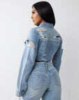 True Religion Heavily Destroyed Crop Jacket Aqua Marine W Destroy