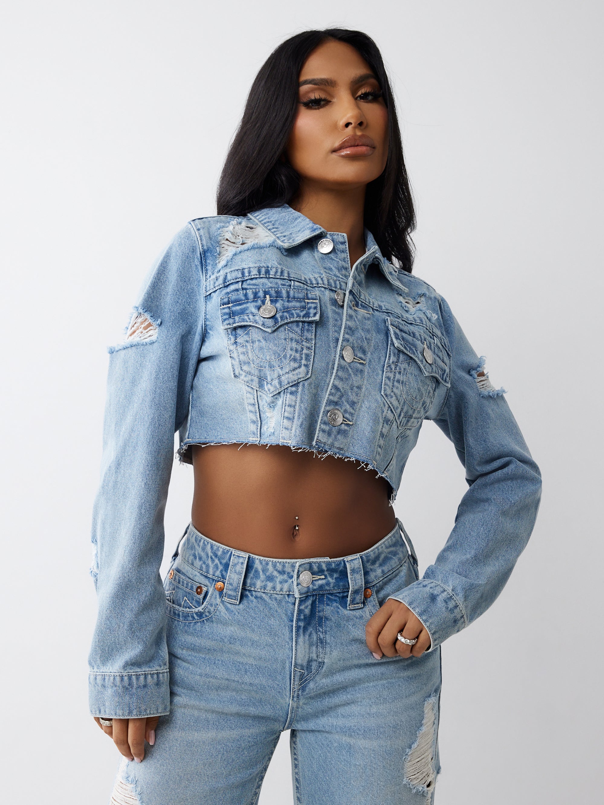 True Religion Heavily Destroyed Crop Jacket Aqua Marine W Destroy