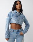 True Religion Heavily Destroyed Crop Jacket Aqua Marine W Destroy