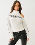 True Religion Turtle Neck Cold Shoulder Swtr Winter White