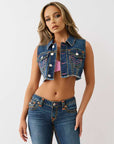 True Religion Denim Cropped Vest Sup T Twilight Teal