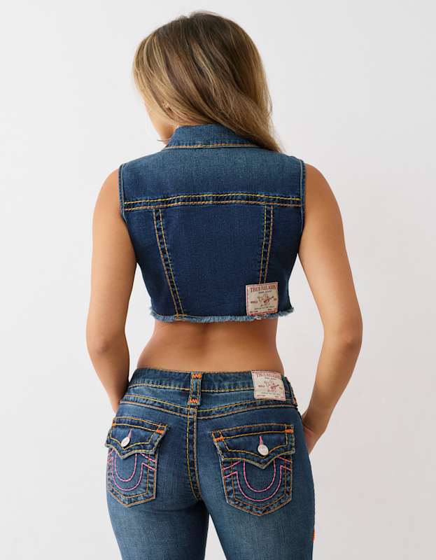 True Religion Denim Cropped Vest Sup T Twilight Teal