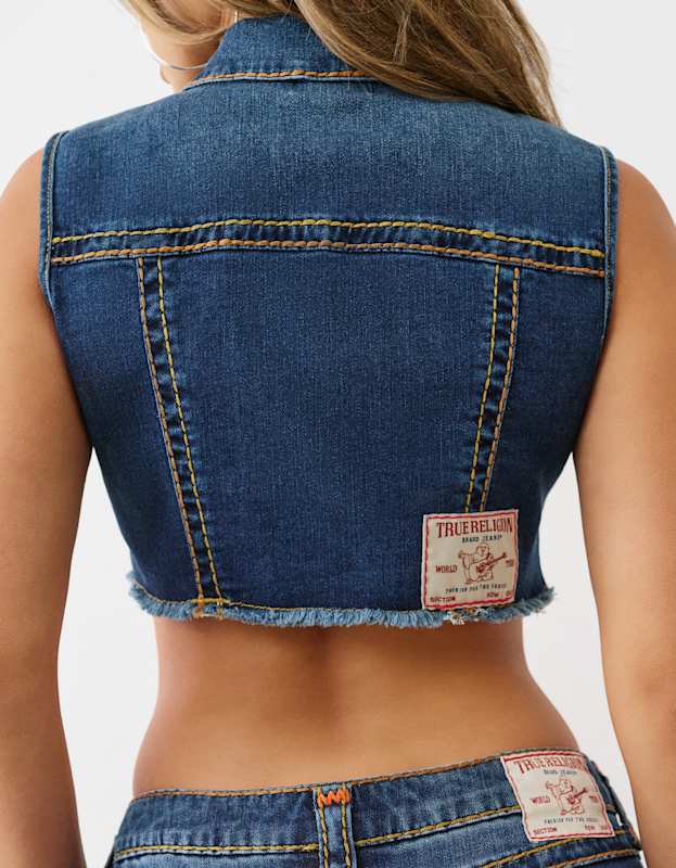 True Religion Denim Cropped Vest Sup T Twilight Teal