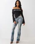 True Religion T-Shirt Printed Crystal Asym Off Shoulder Jet Black