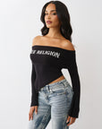 True Religion T-Shirt Printed Crystal Asym Off Shoulder Jet Black