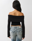 True Religion T-Shirt Printed Crystal Asym Off Shoulder Jet Black