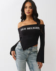 True Religion T-Shirt Printed Crystal Asym Off Shoulder Jet Black