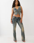 True Religion Top Lace Up Denim Warm Sand
