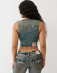 True Religion Top Lace Up Denim Warm Sand