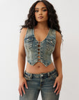 True Religion Top Lace Up Denim Warm Sand
