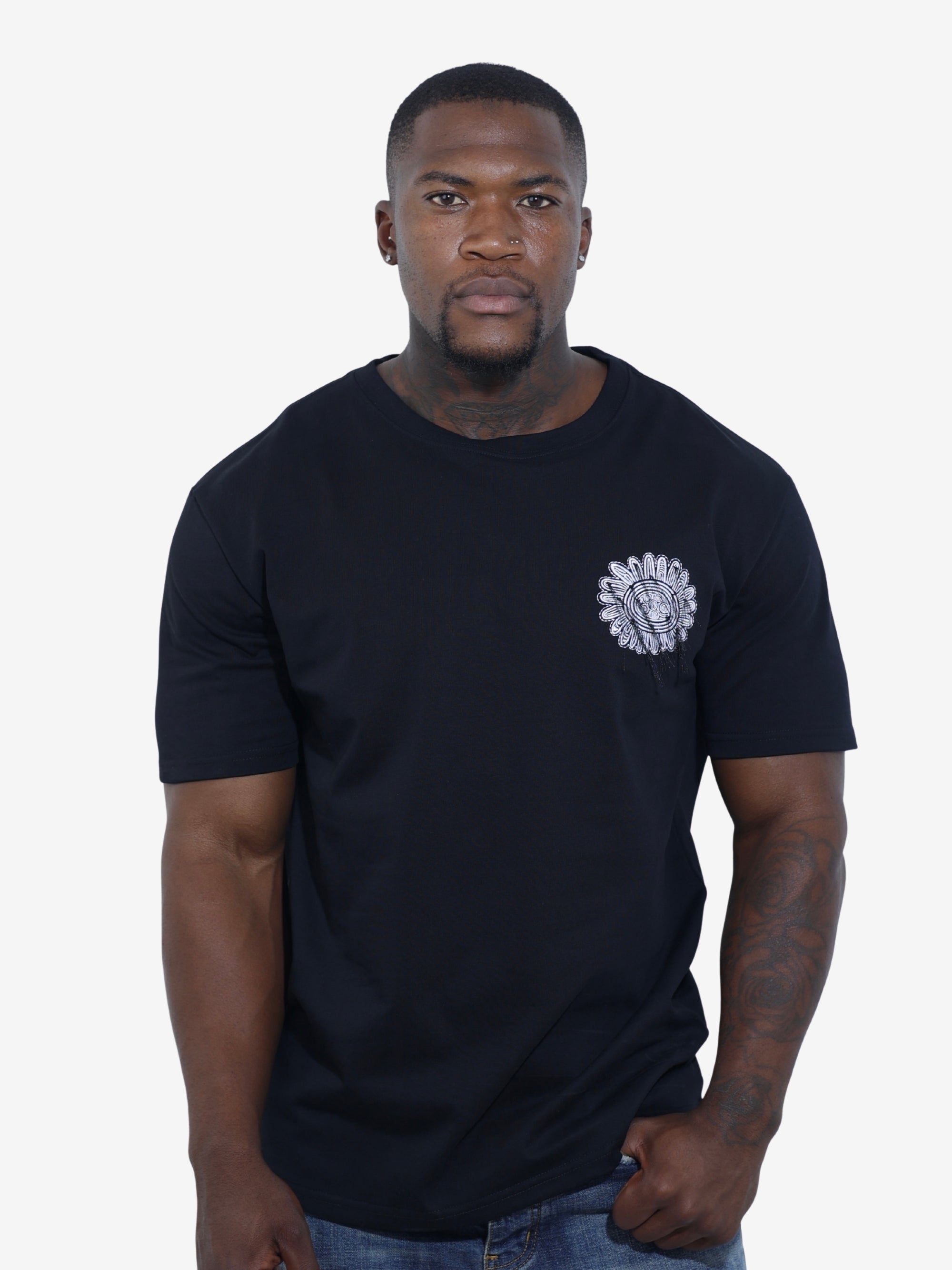 Capone T-Shirt Mexican Embroidered Flower Black-White