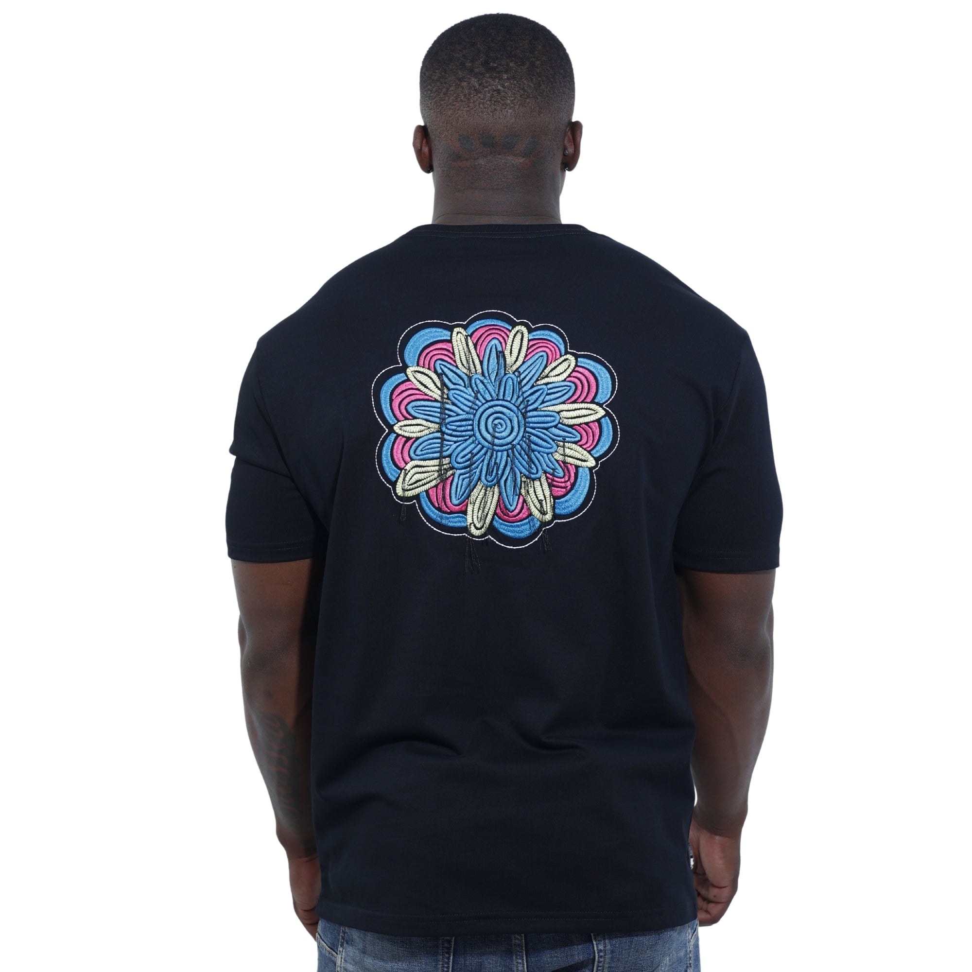 Capone T-Shirt Mexican Embroidered Flower Black-Blue