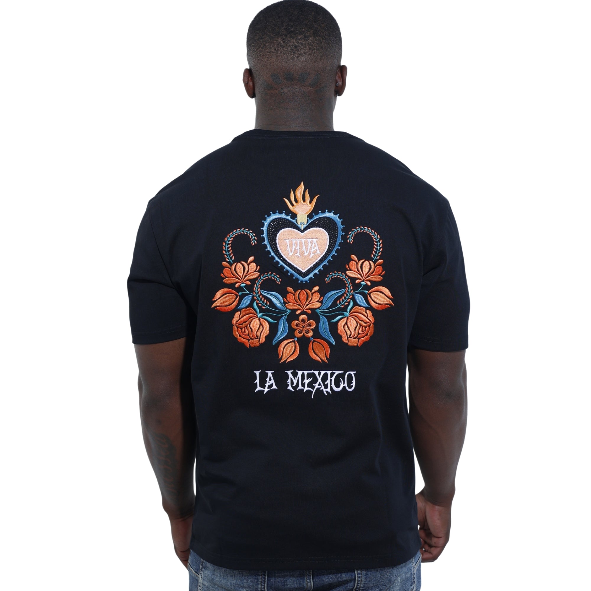 Capone T-Shirt Mexican Embroidered Viva La Mexico Black-Orange