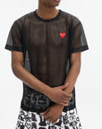 Comme Des Garcons T-Shirt Red Emblem Mesh Black