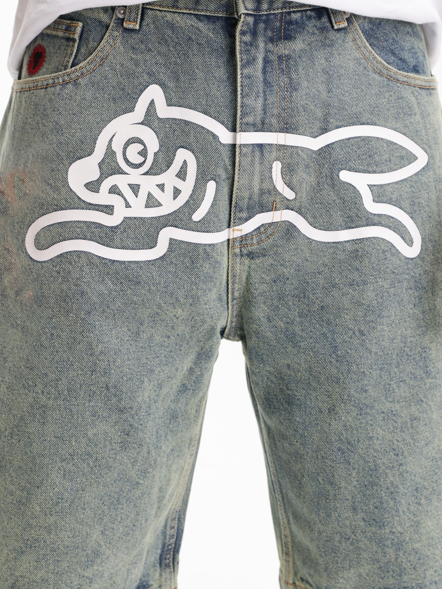 Ice-cream Shorts White Dog Logo Denim Vintage Wash