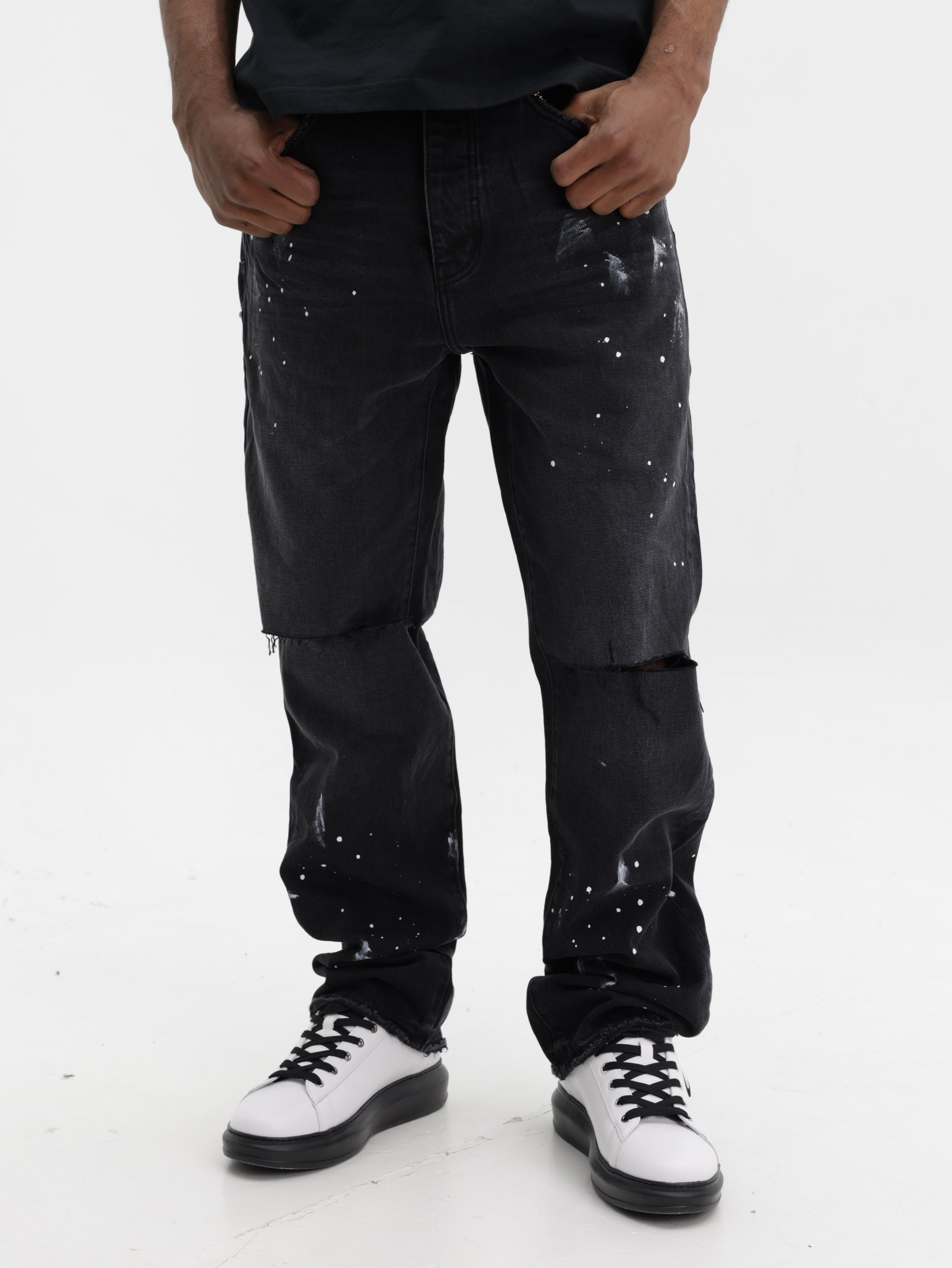 Purple Jeans Knee Slit Paint Black