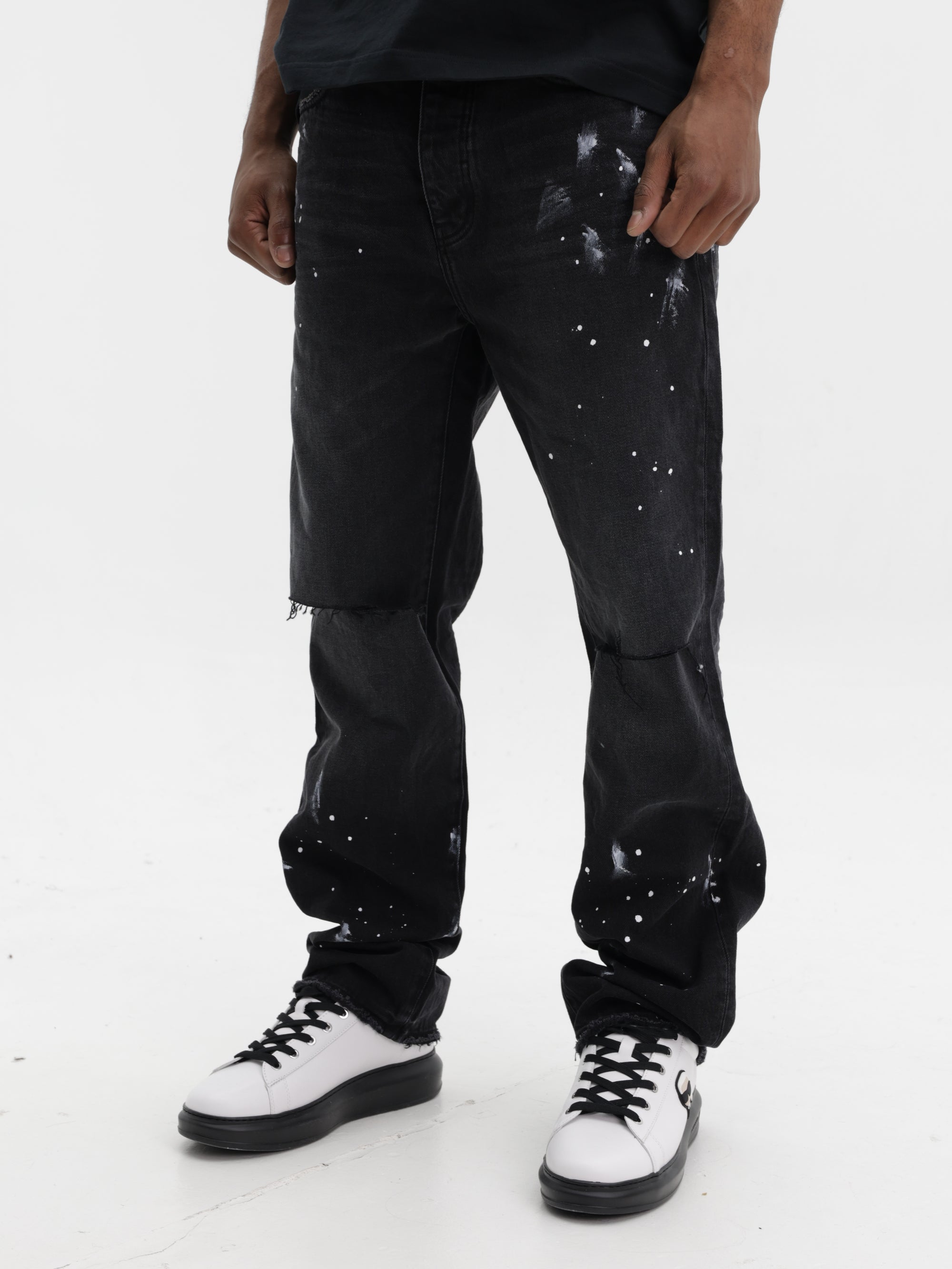 Purple Jeans Knee Slit Paint Black