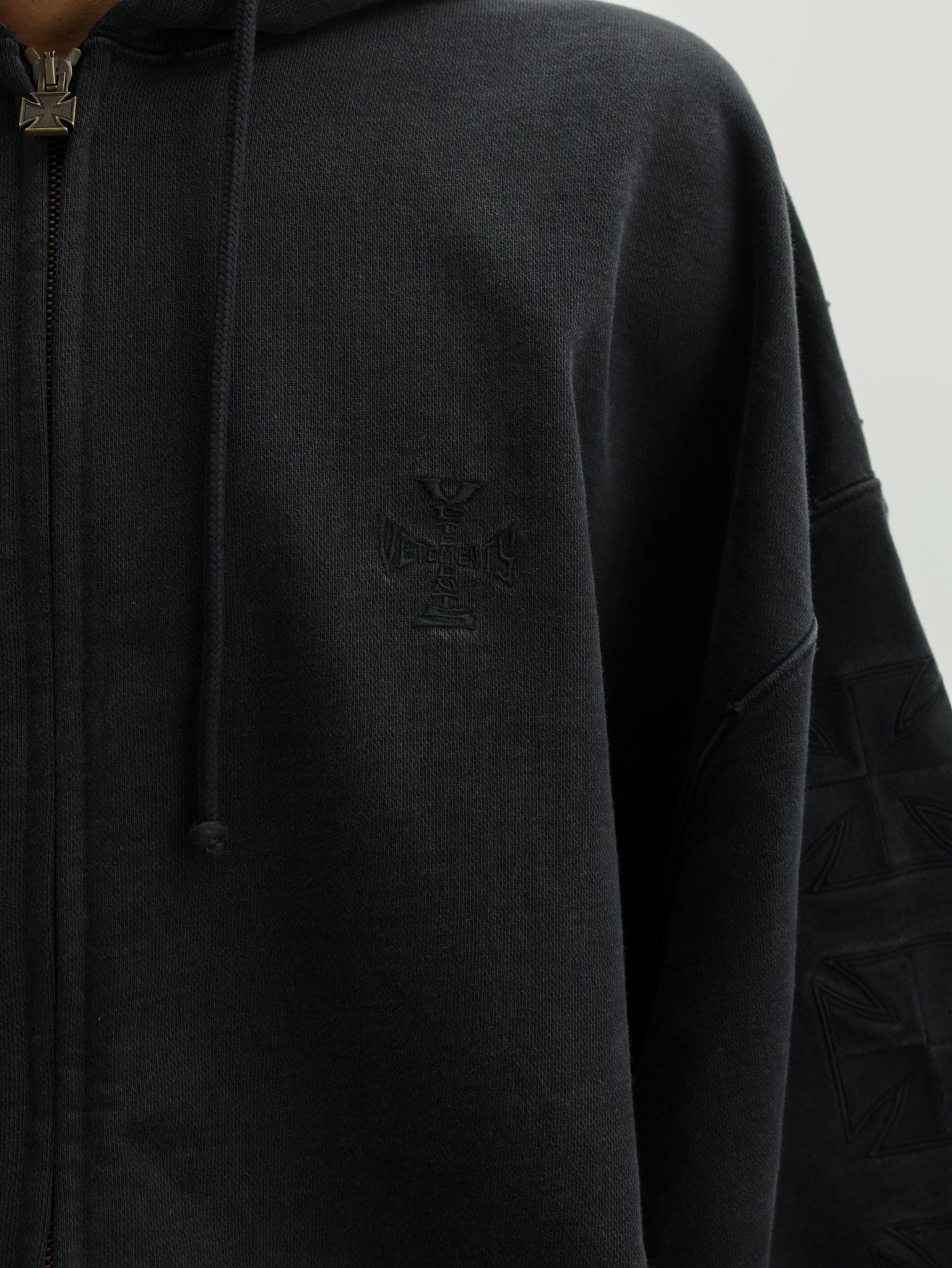 Vetements Hoodie Embroidered Biker Cross Sleeves Zip-Up Black - AL